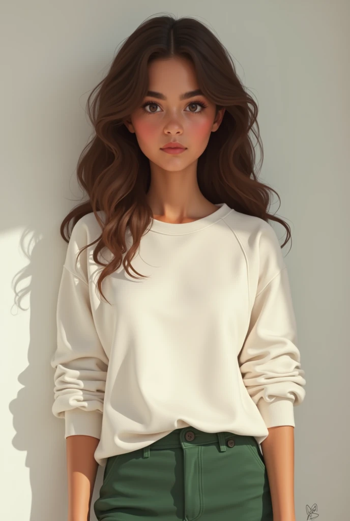 A girl with tan skin and wavy brown hair and brown eyes wearing a white gym sweater and green pants named Hadassahy