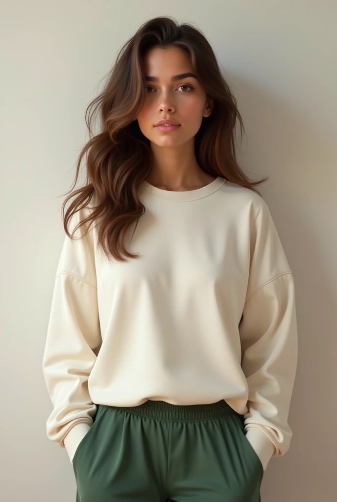 A girl with tan skin and wavy brown hair and brown eyes wearing a white gym sweater and green pants named Hadassahy