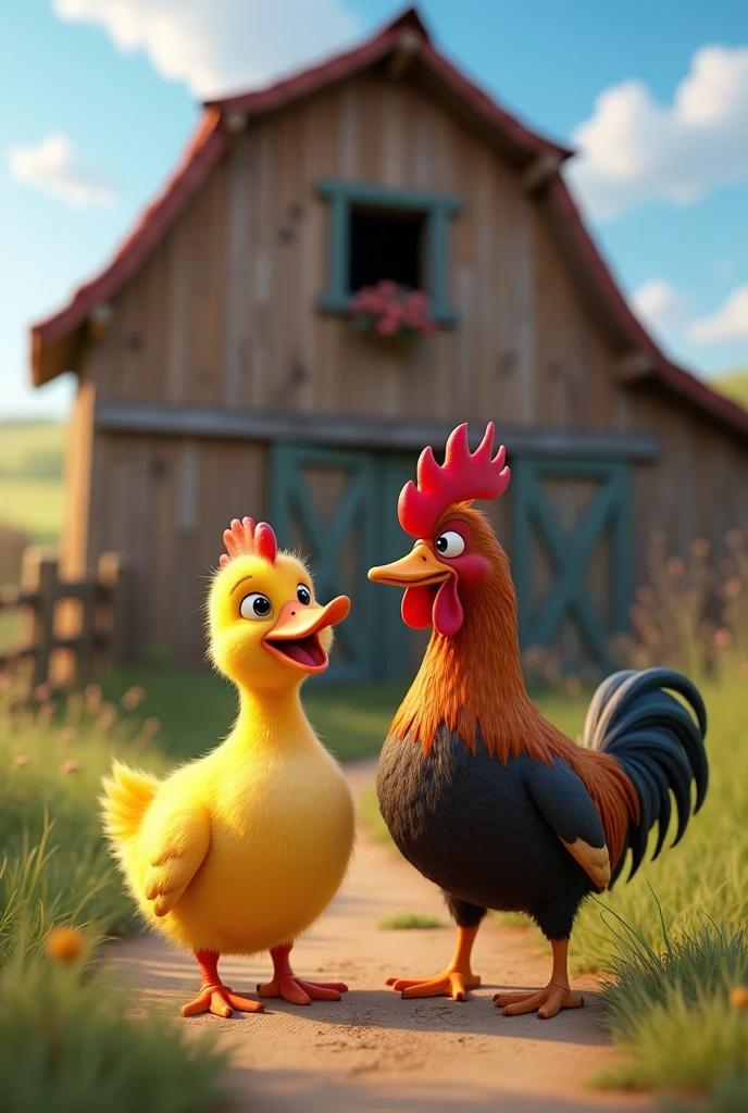 Generate me an image of a yellow duck and a brown rooster watching the barn