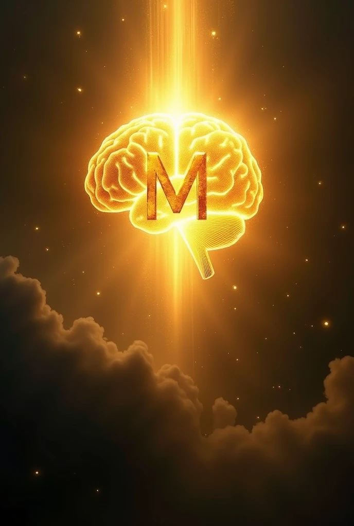 A frontal recess of billowing gold with bright rays that is black in background and has an M in the center of the brain