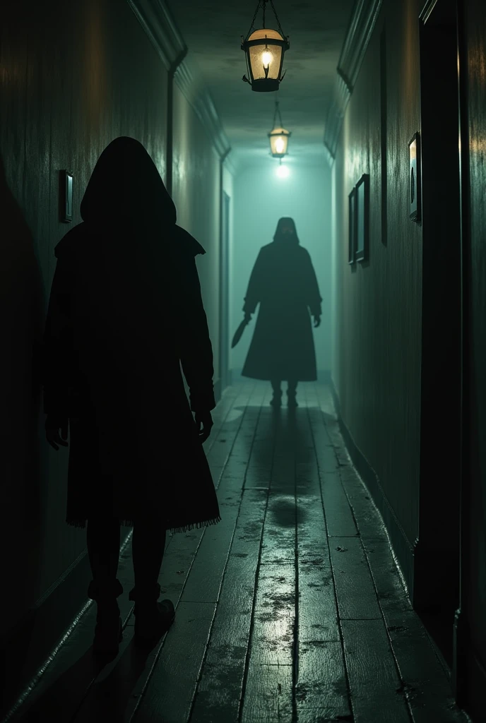 "Exploring the hallway and finding the old assassin"
"with the flashlight shaking slightly in his hand, she gets out of bed, your feet touching the cold wooden floor. With every step, the floor creaks under your weight, but she moves towards the half-open door. Opening it carefully, the light of the lantern reveals a long dark corridor, its walls covered with old, faded portraits, as if every face was watching your movements.
By proceeding with caution, the silence is interrupted by a distant sound of shuffling footsteps. She quickly turns off the flashlight, your heart racing. Across the hall, emerging from a side door, a hunched figure appears—a frightening-looking old woman. Her long, dirty dress brushes the floor as she walks., holding something shiny and sharp in one hand, a big knife. The old woman's face is wrinkled and stern, his small, cold eyes scan the hallway as if he were looking for something... or someone.
The character holds his breath, leaning against the wall silently. The old woman walks slowly down the corridor, dragging the knife on the wooden floor, but you don't see it. The sound of the assassin's footsteps fades as she moves away., disappearing at the end of the corridor. A sigh of relief almost escapes his lips, but she keeps silent, knowing that the danger is still present. She now needs to decide her next moves., aware that she is being hunted."
This excerpt adds suspense to the scene., highlighting the tension between the character and the threat of the old assassin, creating an atmosphere of fear and survival.
