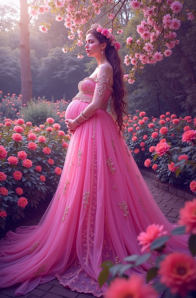 pregnant woman in pink dress standing in front of flowers, a colorized photo by Elena Guro, pexels, baroque, dressed in a pink dress, wearing pink floral gown, in pink forest, maternal photography 4 k, brilliant pink ball gown, wearing organza gown, queen of flowers, covered with flowers, fantasy photoshoot, * colour splash *