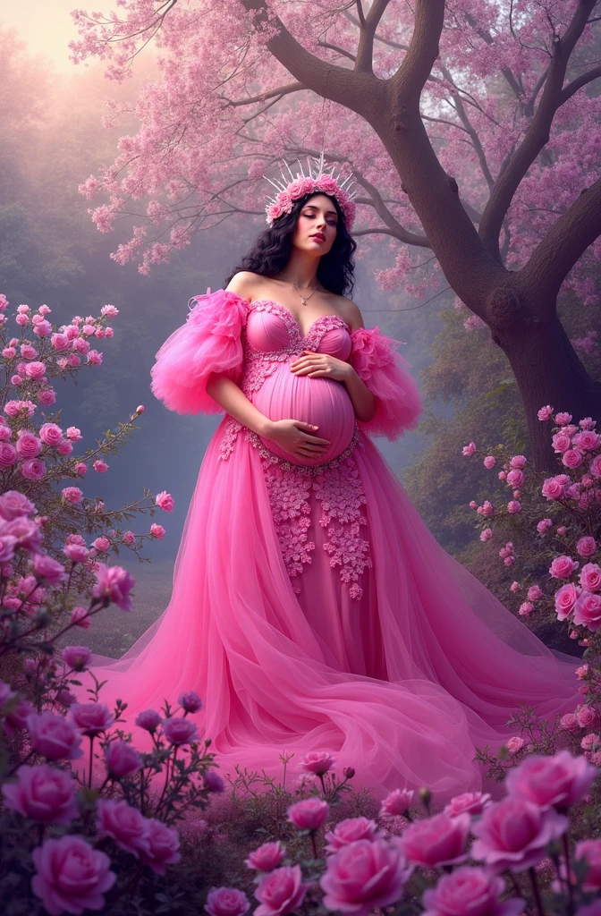 pregnant woman in pink dress standing in front of flowers, a colorized photo by Elena Guro, pexels, baroque, dressed in a pink dress, wearing pink floral gown, in pink forest, maternal photography 4 k, brilliant pink ball gown, wearing organza gown, queen of flowers, covered with flowers, fantasy photoshoot, * colour splash *
