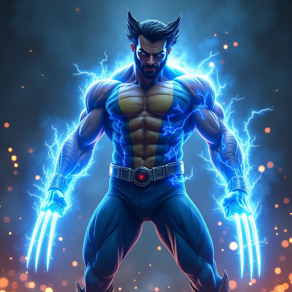 (Fusion of blue flame and blue lightning into Wolverine:1.4), (Wolverine standing with a fierce expression:1.4), (his iconic claws crackling with blue lightning:1.4), (blue flames wrapping around his body:1.3), (dynamic pose with intense energy:1.4), (bright, glowing blue accents on his costume:1.3), (highly detailed muscles and facial features:1.4), (electric blue aura surrounding him:1.3), (background filled with sparks and flames:1.4), (dark and gritty atmosphere:1.3), (sharp contrasts to highlight the blue energy:1.4), (Wolverine's signature intensity captured perfectly:1.3)