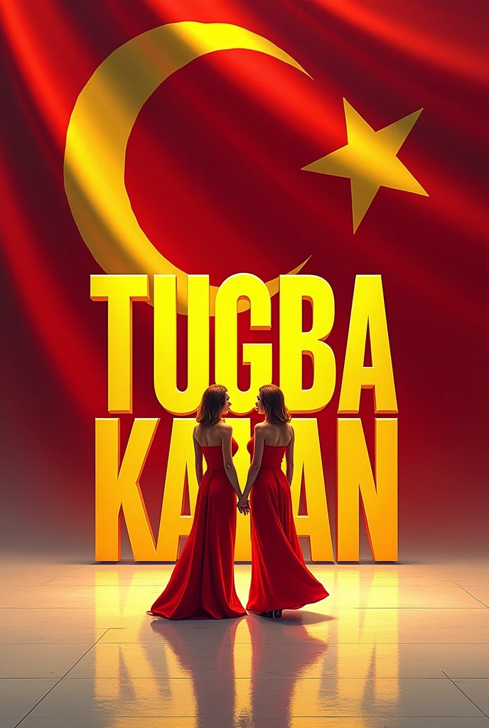 "TUGBA KALAN" is written in golden yellow and its shadow is reflected on the ground behind it. There is a 2 woman wearing a red dress. There is a large Turkish flag in the background.