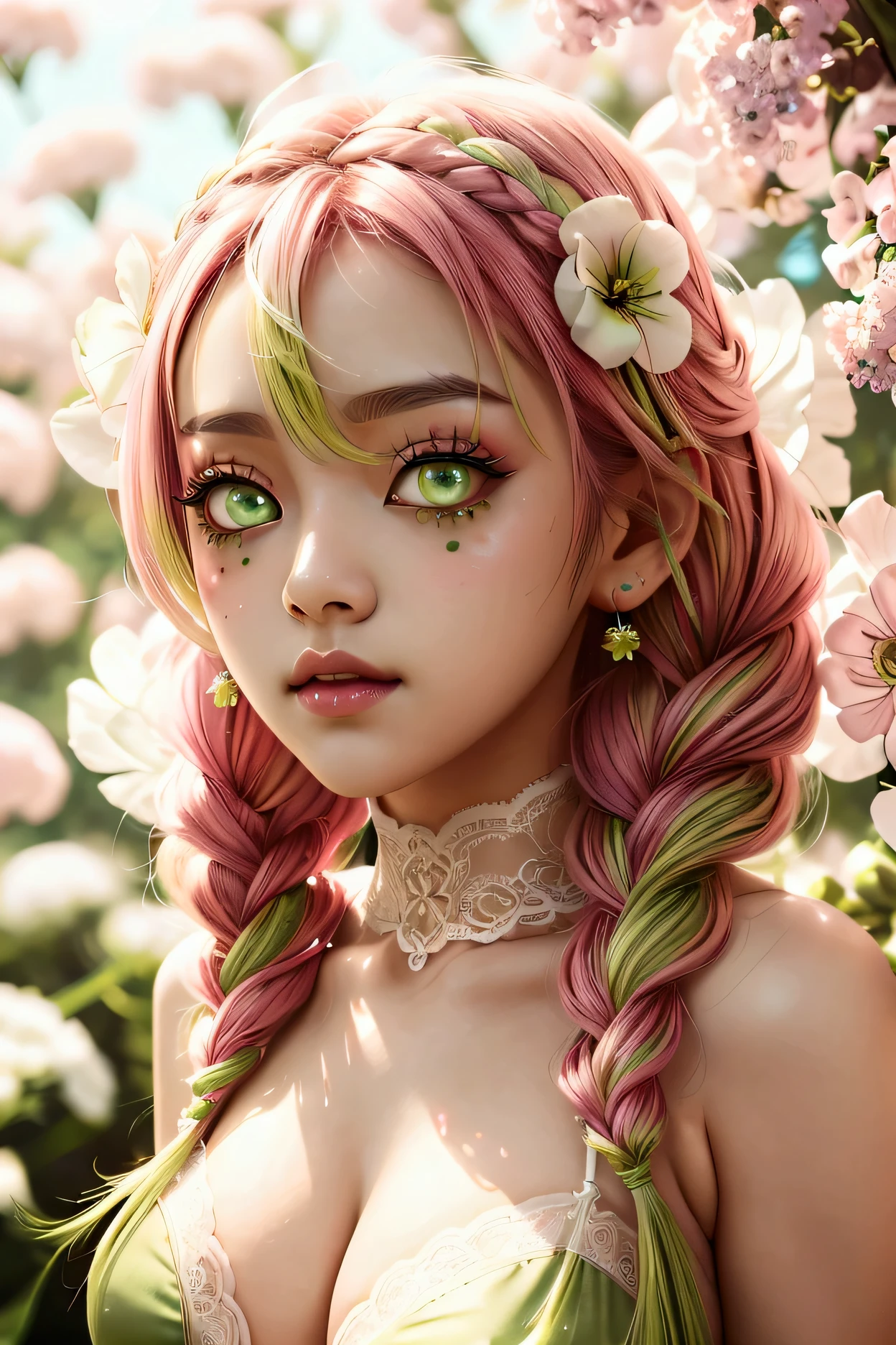 Convert your flower art into illustration.、Create backgrounds with vibrant colors and unique touches　The type of flower is statice、Gypsophila、sweet pea、Mix in some lace flowers, big breasts, cleavage, pink hair, green eyes, (green highlights), green braids, standing, contrapposto, sexy pose, thick thighs, thigh highs, lingerie, arms resting behind, ulzzang, big green sparkling eyes like gemstones,
