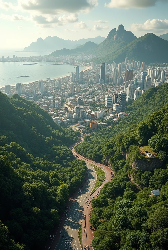 Draw a scenario where Rio de Janeiro, Brazil, eliminated the favelas., through better land use in the city and the gentle densification of the population, we maintain the existing buildings, just building new housing for people leaving the favelas, and where there were slums, it turned into a forest. show the city from above in Guanabara Bay.