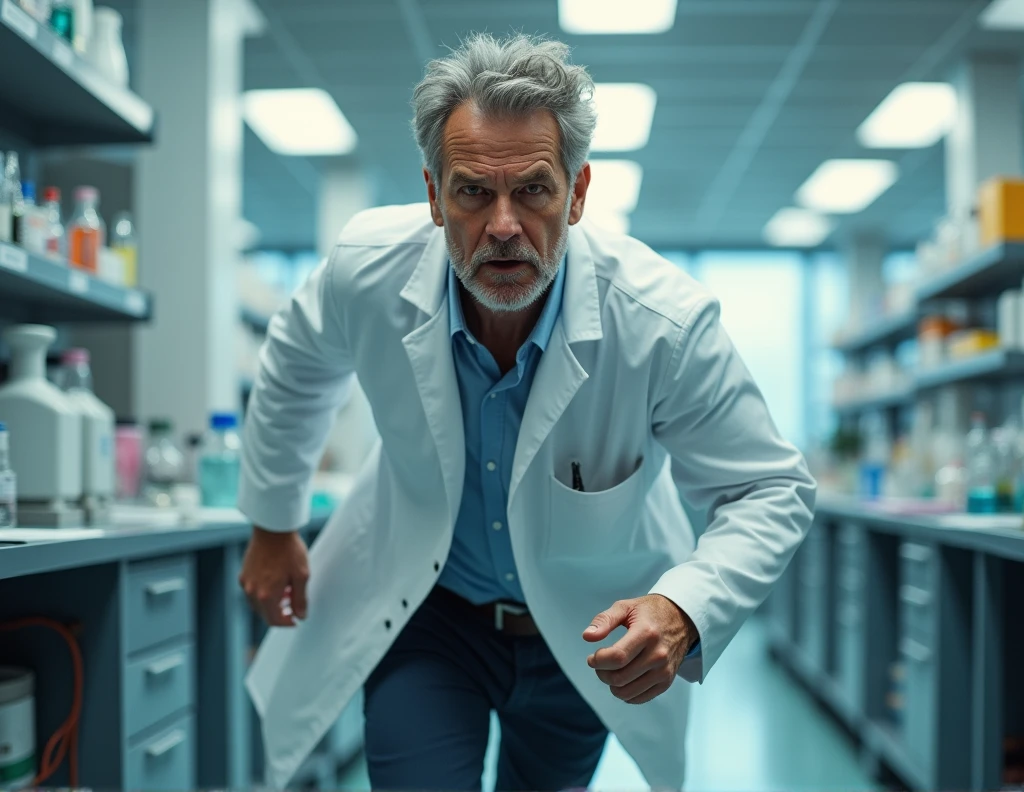 Create a scientist running in a hurry