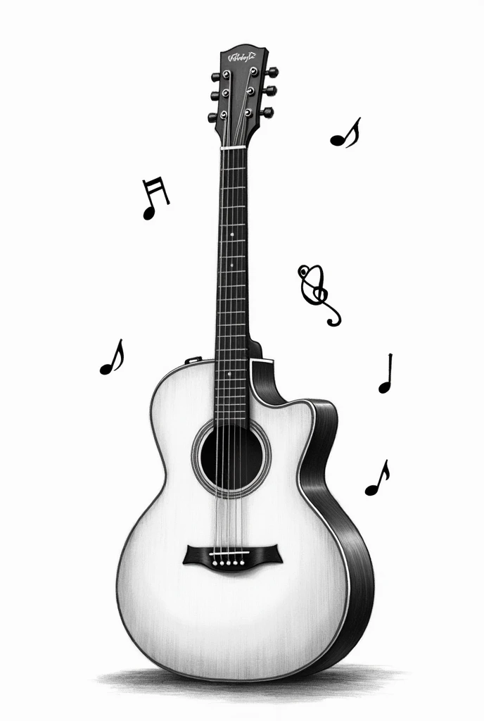 Black and white drawing of an acoustic guitar, with musical notes 
