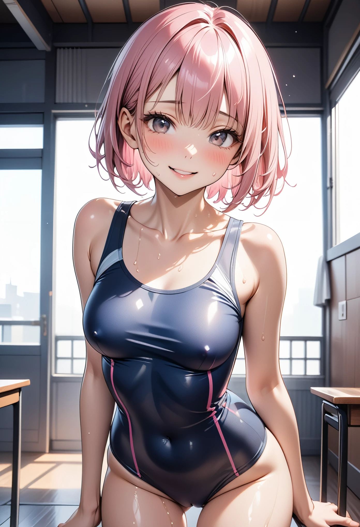 ((School Swimsuit)), ((skindentation)), skinny, alone, solo, 1 woman, Masterpiece, highest quality, highest quality, 16K, incredibly absurd, highly detailed, 2.5D, ai-generated, delicate and dynamic, very delicate facial expressions, delicate eye depiction, , only sexy wn, ((A cute and kind face)), healthy figure, ((1 woman)), 160cm tall, ((medium firm swaying bust)), medium breasts, hair), Straight Hair, (pink hair:1.5), bob cut, black eye, blush, Sweat,Embarrassed,sexy, ((thin thi)), (camel toe:0.4), (viples:0.8), (Erect nipples shiny and lust facinght at viewer, smile, ((_skin)), dark skin, ((standing)), ((arm at side)),
