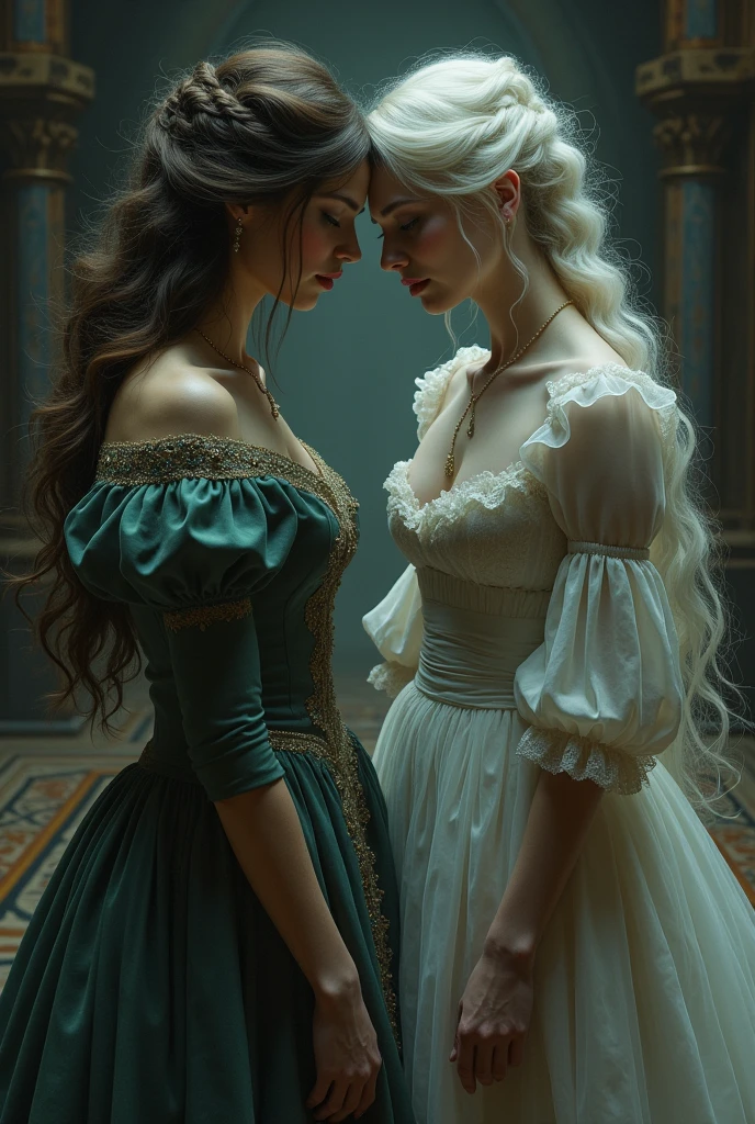 Two women wearing period clothing and one of them is a very sad spirit with flowing hair.