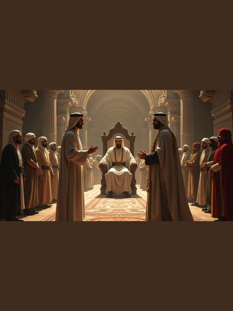 depicting a Muslim leader, robed in white, standing calmly in chains before a stern-looking king seated on a high throne. The room is filled with onlookers, including guards and scholars, all watching intently. The leader’s expression is one of quiet dignity, and his hands are clasped in a sign of peace.