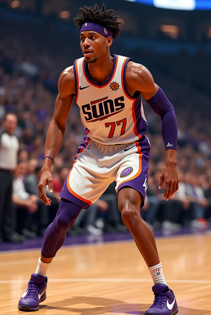 basketball player, time é o Phoenix Suns, USA Sleeve, Cao Cao, wears a headband, fade hair, pitcher, Number 77, curly hair