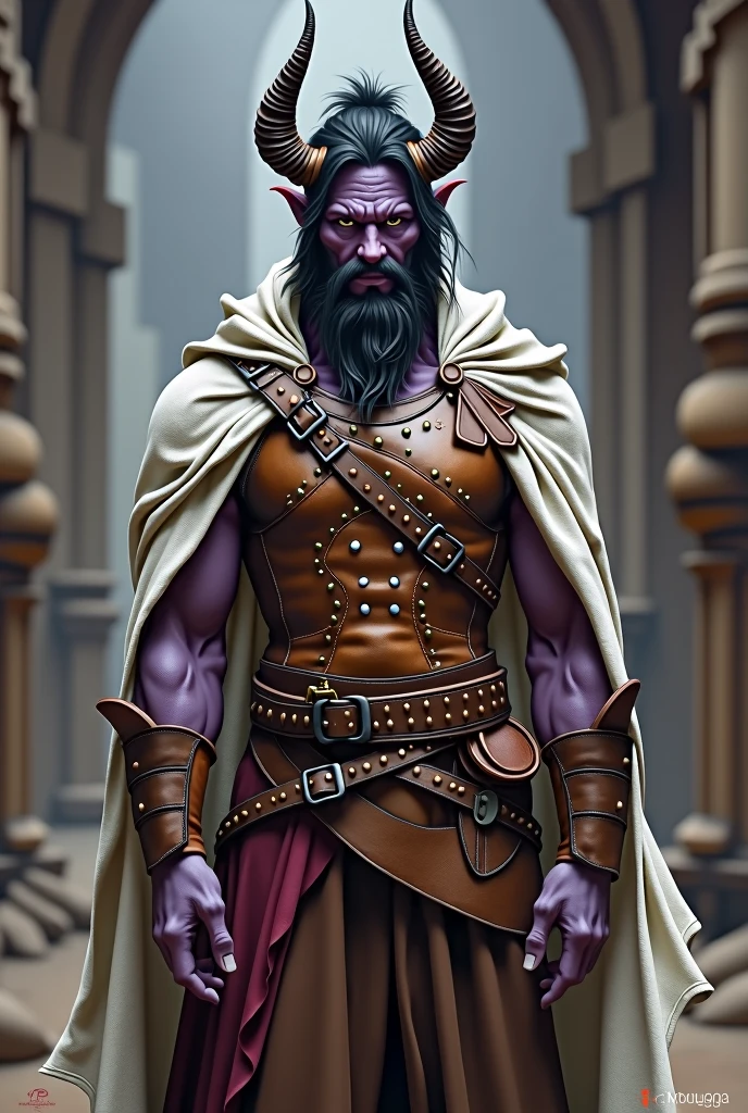 (photorealism:6.5), light purple tiefling, black hair and trimmed beard, wearing brown studded leather armor on chest with a white cape, brown pants and boots