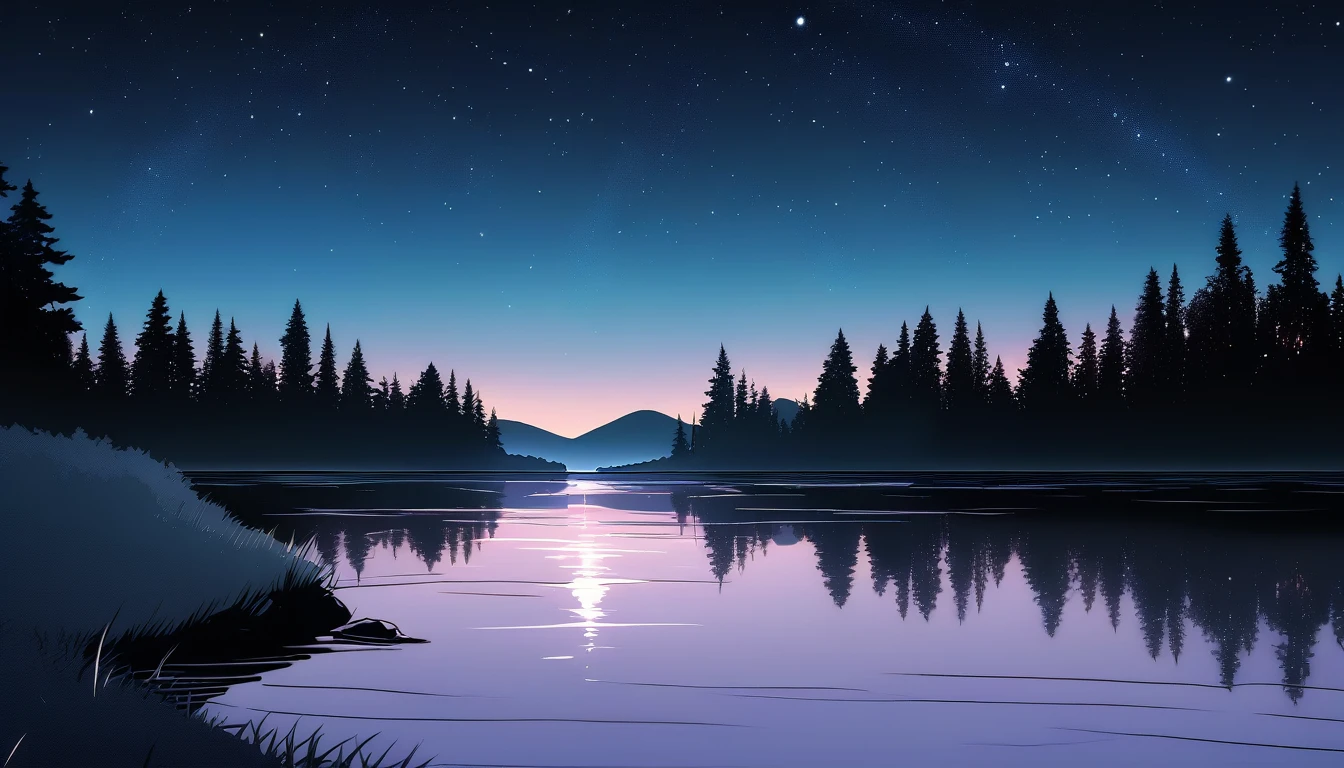 anime, beautiful forest night, lake in distance, outlines, dark