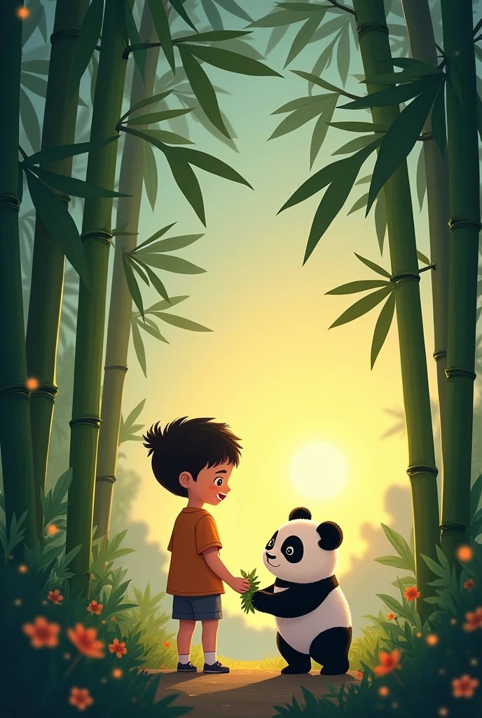 Once upon a time, there was a  named Kai who lived near a magical bamboo forest. One day, Kai stumbled upon a baby panda lost in the forest. The baby panda, whom Kai named Pandy, was adorable but scared.

Kai gently approached Pandy, offering some juicy bamboo shoots. Pandy's eyes lit up, and a friendship blossomed. They played hide-and-seek among the bamboo trees, giggling and chasing each other.

As the sun set, Kai and Pandy cuddled up, watching the stars twinkle above. From that day on, Kai and Pandy became inseparable friends, exploring the wonders of the bamboo forest together, their laughter echoing through the trees.