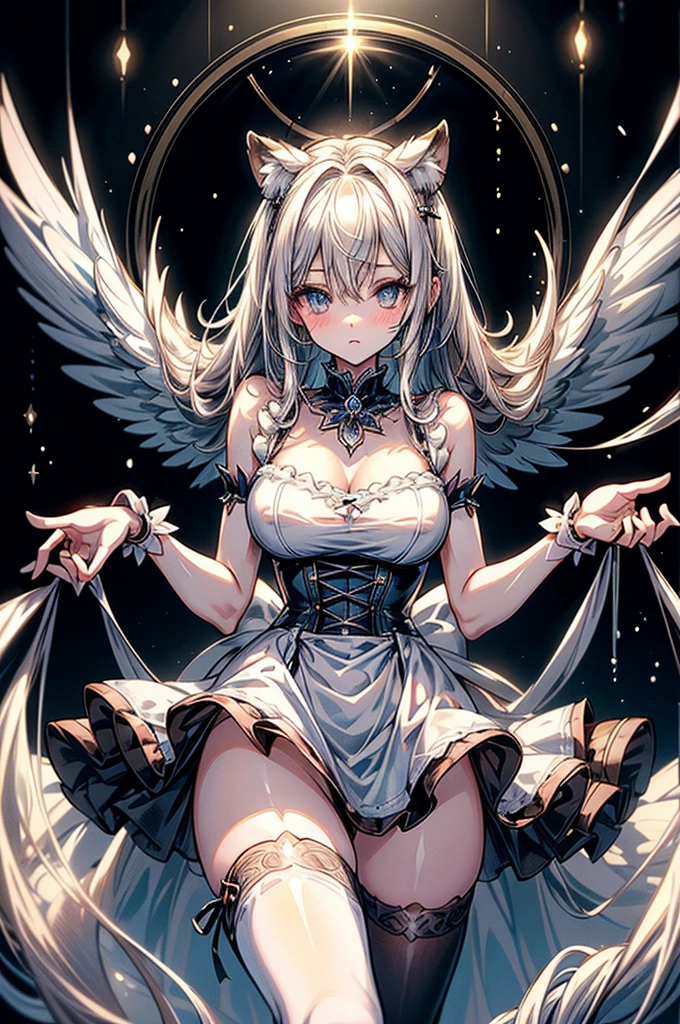 highest quality, ultra high resolution, super detailed, gorgeous, masterpiece, best quality, high resolution finely detailed, extremely beautiful, distinct image, hourglass figure, 1 girl, 2, soft and beautiful facial features, symmetrical face, piercing blue eyes, innocent doe shaped eyes, DD-cup breasts, tall height(190cm), slim and slender curvy body, athletic and flexible physiques, flowing snow-white hair, narrow waist, long legs, modern times background, snow-white skin, hip-level shot, snow-white feline tiger ears, white striped tiger tail protruding out her back, simple sleeveless black frilly dress, white waist apron