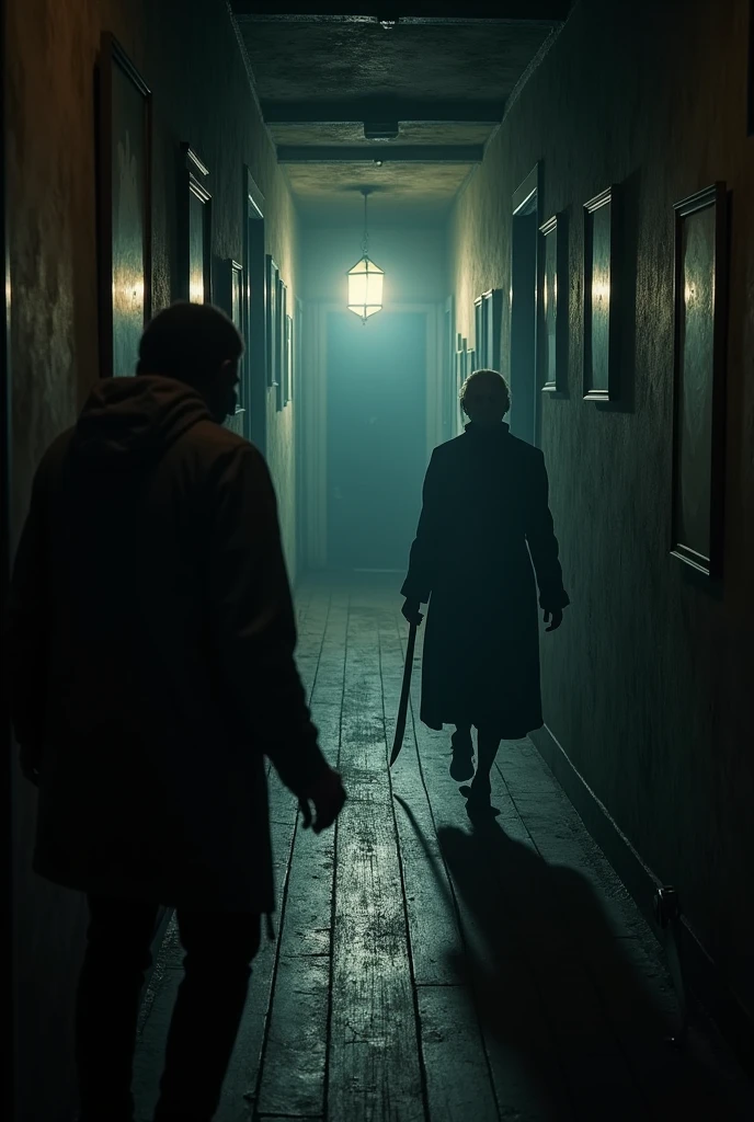 "Exploring the hallway and finding the old assassin"
"with the flashlight shaking slightly in his hand, she gets out of bed, your feet touching the cold wooden floor. With every step, the floor creaks under your weight, but she moves towards the half-open door. Opening it carefully, the light of the lantern reveals a long dark corridor, its walls covered with old, faded portraits, as if every face was watching your movements.

By proceeding with caution, the silence is interrupted by a distant sound of shuffling footsteps. She quickly turns off the flashlight, your heart racing. Across the hall, emerging from a side door, a hunched figure appears—a frightening-looking old woman. Her long, dirty dress brushes the floor as she walks., holding something shiny and sharp in one hand, a big knife. The old woman&#39;s face is wrinkled and stern, his small, cold eyes scan the hallway as if he were looking for something... or someone.

The character holds his breath, leaning against the wall silently. The old woman walks slowly down the corridor, dragging the knife on the wooden floor, but you don&#39;t see it. The sound of the assassin&#39;s footsteps fades as she moves away., disappearing at the end of the corridor. A sigh of relief almost escapes his lips, but she keeps silent, knowing that the danger is still present. She now needs to decide her next moves., aware that she is being hunted."

This excerpt adds suspense to the scene., highlighting the tension between the character and the threat of the old assassin, creating an atmosphere of fear and survival.