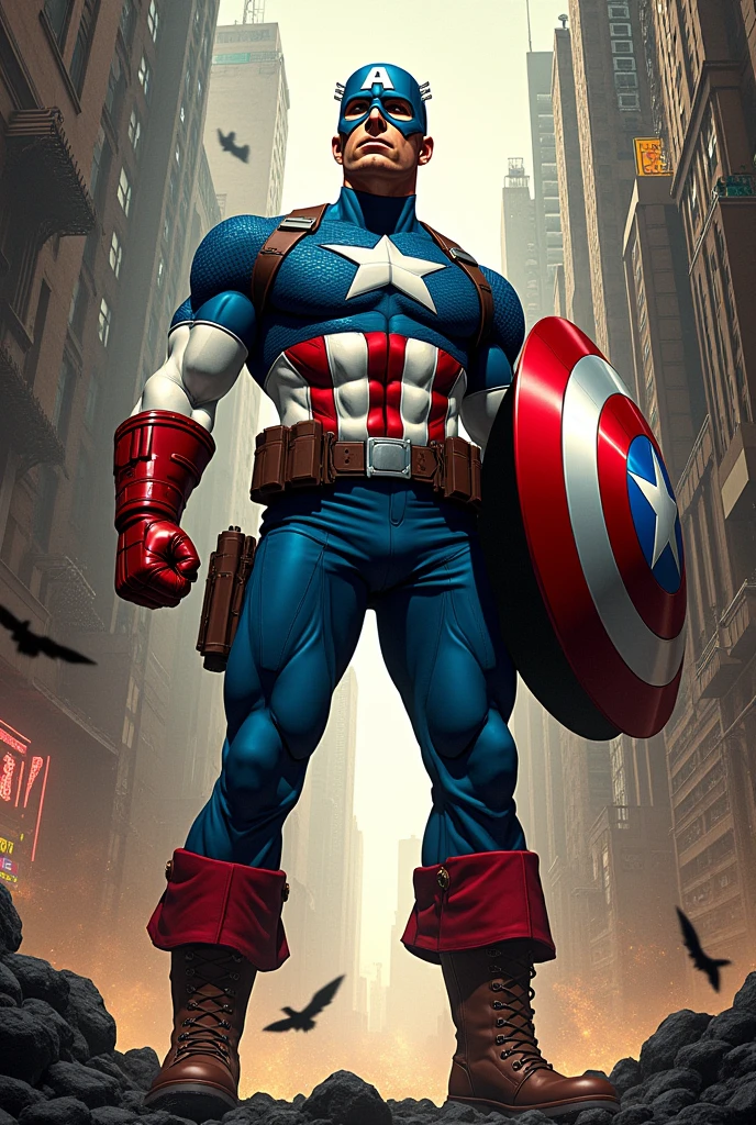 Mark Brooks' comic book style. Captain America, high detail, dynamic shot, detailed background, clear focus, mail art, concept art, cinematography, contour image clarity, 4K, ultra-realistic, photorealistic.
