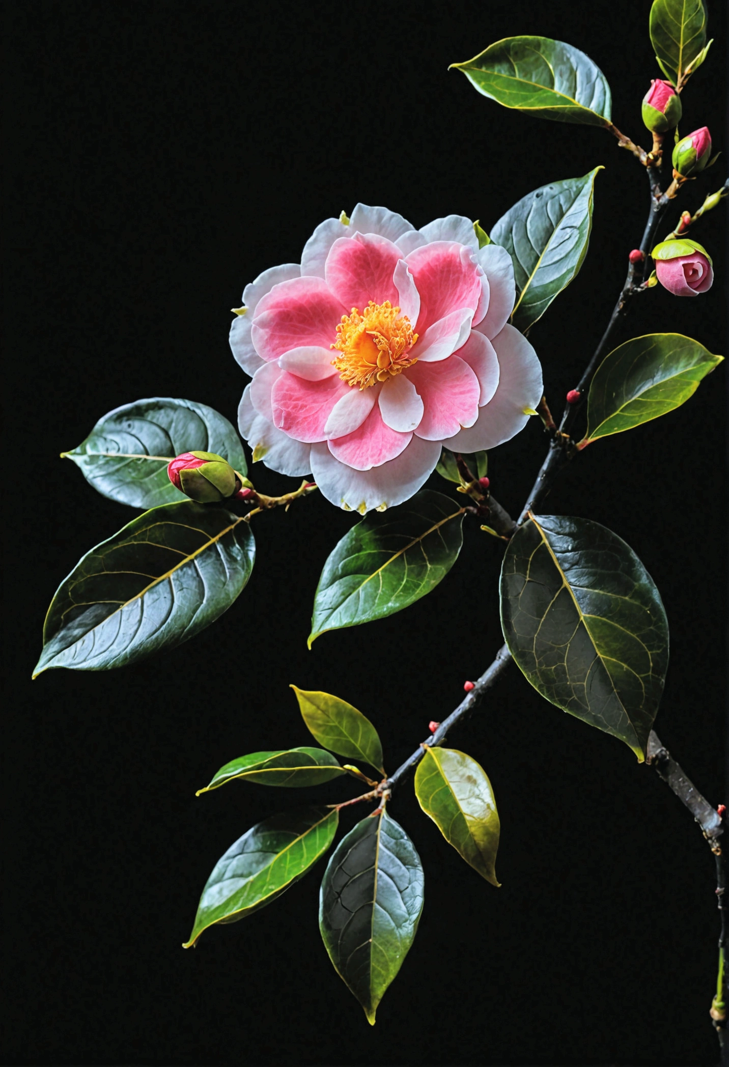 Camellia flower with buds facing the camera and 6 leaves with a black background