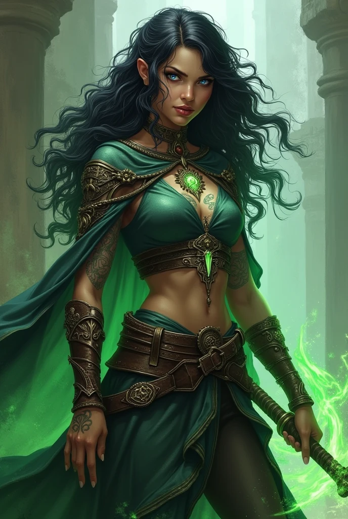 Rouge female warlock, Dungeons and Dragons style, taller than average height, long curly black hair, fair skin tone, light blue eyes with bits of purple, full-body tribal tattoos, face shape feminine but sharp androgynous features, full lips, muscled body, wearing medieval clothing colored: green, brown, black. Has magical powers colored green, is expert in stealth ability so she carries weapons too