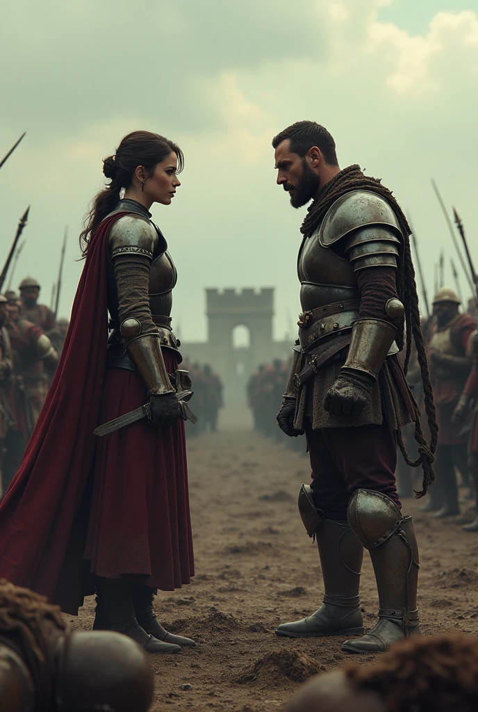 Create a woman against a man on the medieval battlefield, one far from the other about to start a fight, with several bodies on the floor