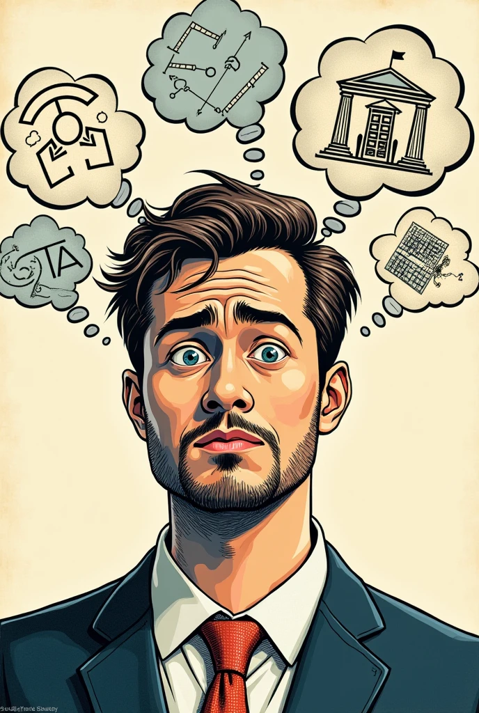A man with a confused expression and some thought bubbles representing the different academic genres. Art made in woodcut style.