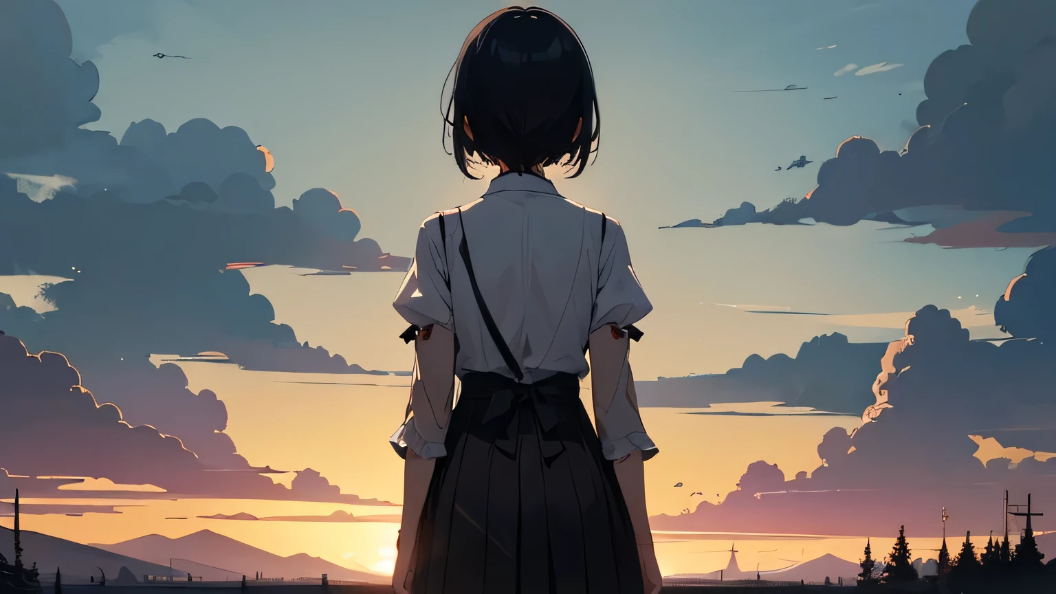 character: In the center、An expressive anime-style female character is drawn、Her back is emphasized。From behind her、Communicate your attitude towards facing difficulties and your inner conflict。Her shoulders and back were tinged with anguish and sadness,、A sense of hope ahead。
background: The bleak landscape and dark clouds、Symbolizes trials and difficulties。Part of the background is、Bright light and sprouts are depicted、Showing hope beyond growth。
Farbe: Enhance the contrast between dark and light tones、Expressing both suffering and hope。Vibrant anime-style colors enhance the emotions。
Natural elements: Dead Tree々and the growth of small buds.、Visually represent the process of growth。
Art Style: Clear and expressive anime style、A design that clearly conveys the character&#39;s back view and emotions。