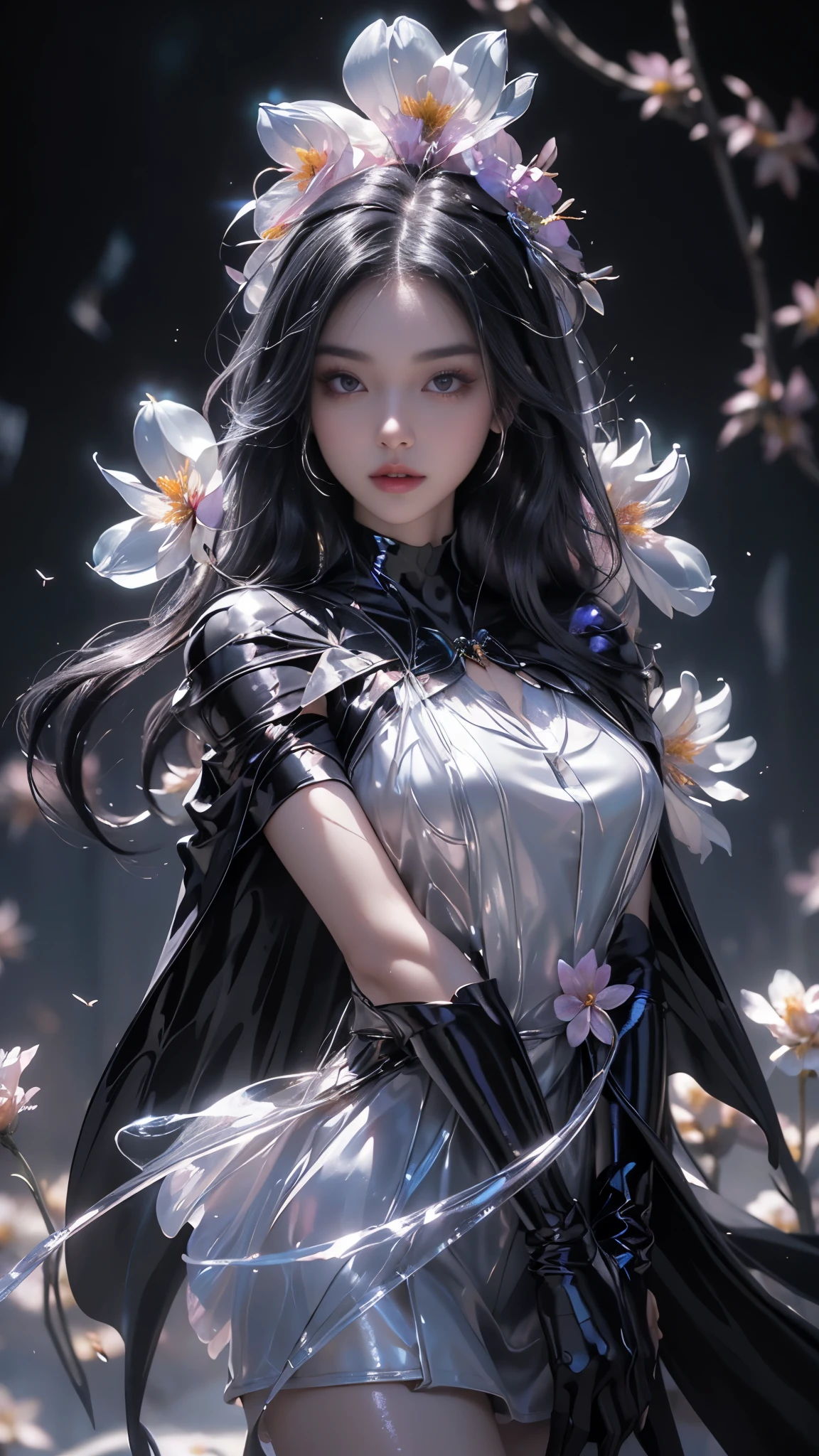 8k, masterpiece, 1 girl, beautiful face, very long hair, light makeup, (glossy skin:1.5), detailed eyes, detailed lips, small bust, short clothing, dragonfly, ((black dragonfly clothing)), ((flowing cape)), light clothing, (flower falling:1.5), god rays, depth of field, ray tracing,