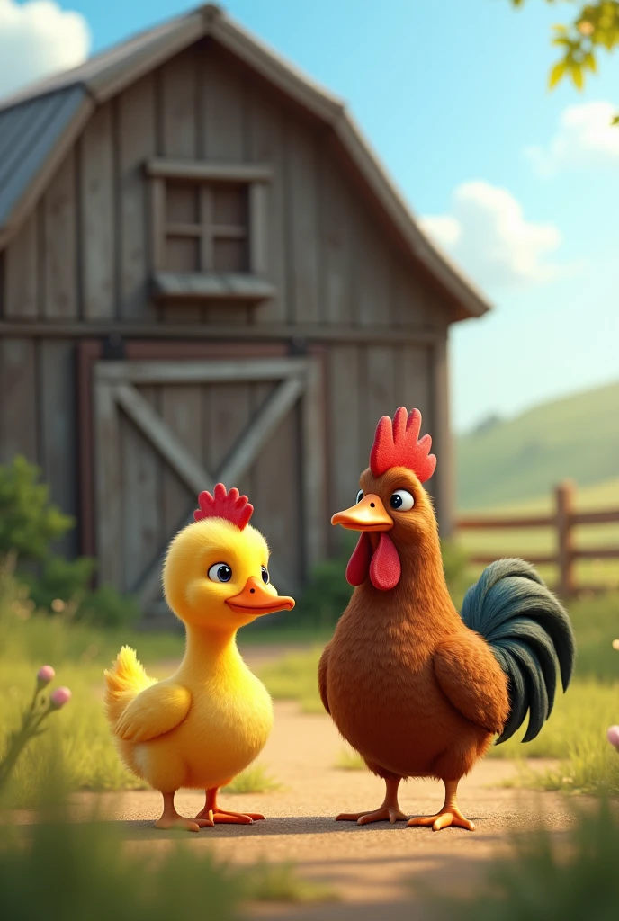 Generate me an image of a yellow duck and a brown rooster watching the barn






