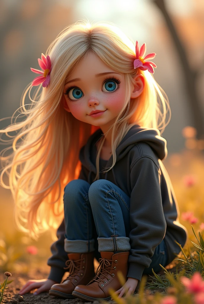 Animated. Girl in her early teens. Bug blue eyes and blonde hair with flowers in. The flowers are in the pink and red shades. She is wearing a dark hoodie and jeans. She is wearing brown boots. She is outside. Soft makeup.