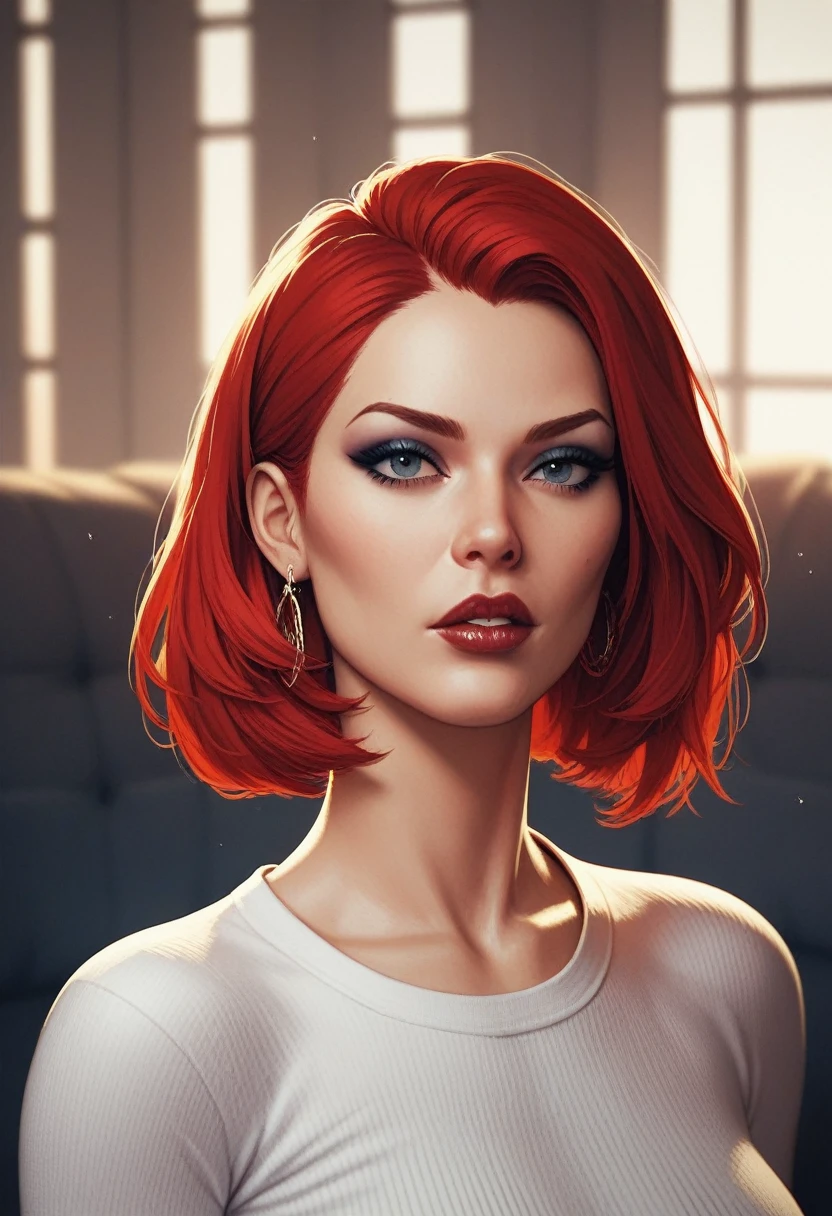 1girl, red hair, seamless bob cut, bátuit, comics,