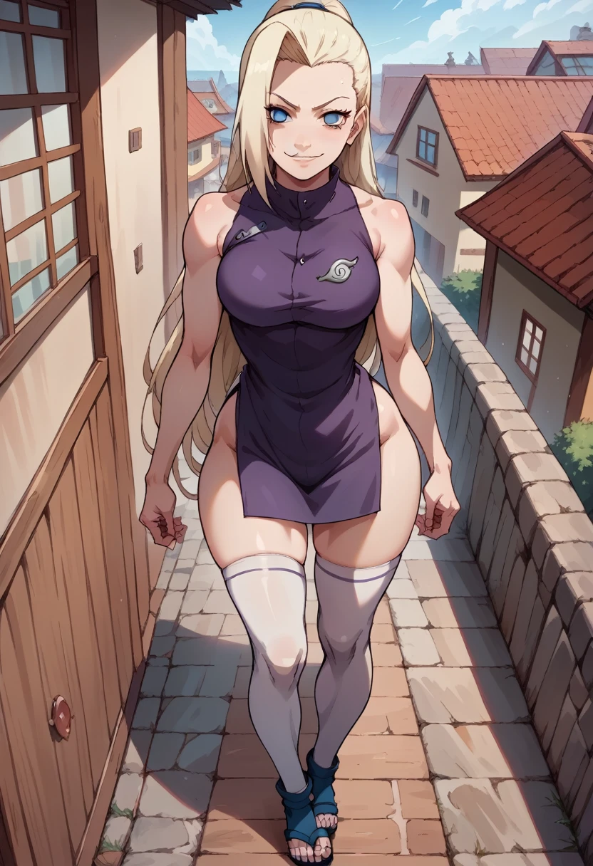 source_anime, best quality, clear face, Ino yamanaka from Naruto Shippuden, blonde hair, blue eyes, long hair, large breasts, perfect body, looking at viewer, smile, Naruto Shippuden costume, purple mini dress, White stockings, cameltoe, in the city, stanyin, dynamic angle, Full body view, Big tits, view from the front, in sporty outfit, big ass ,seductive anime girl, sfw version.