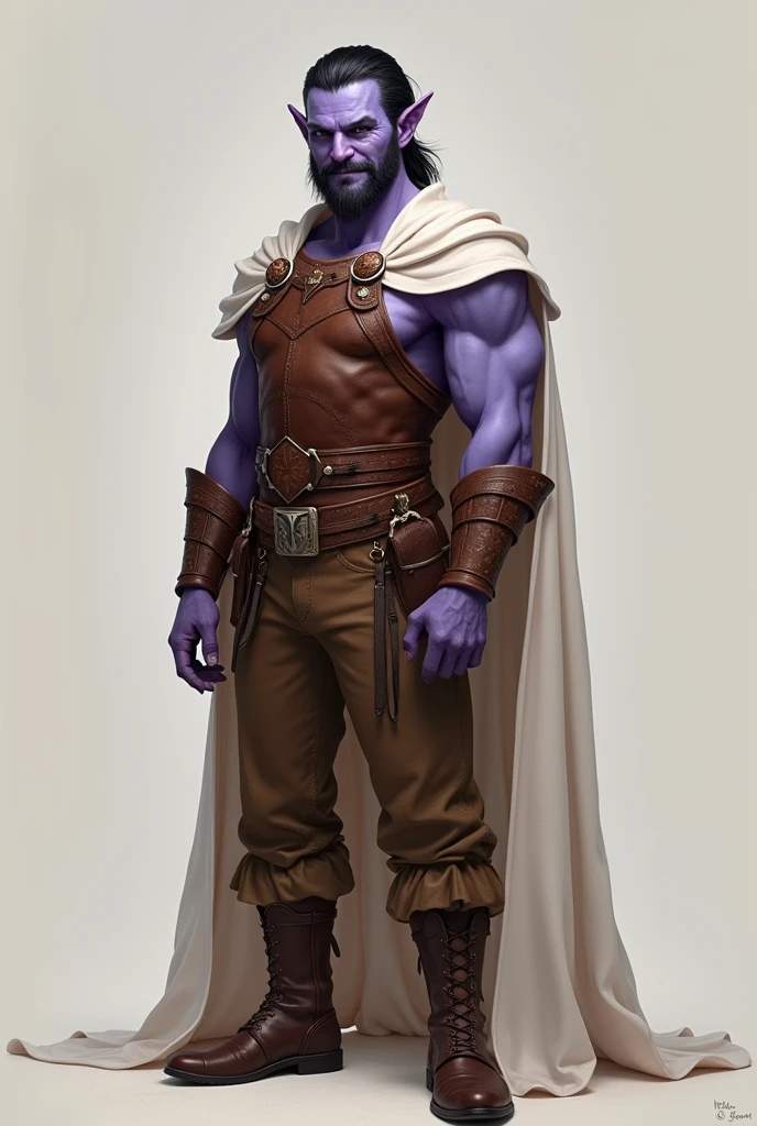 photorealism:6.5), light purple tiefling smilingly coyly, black hair and trimmed beard, wearing brown studded leather armor on chest with a white cape, brown pants and boots. Full body image with no background.