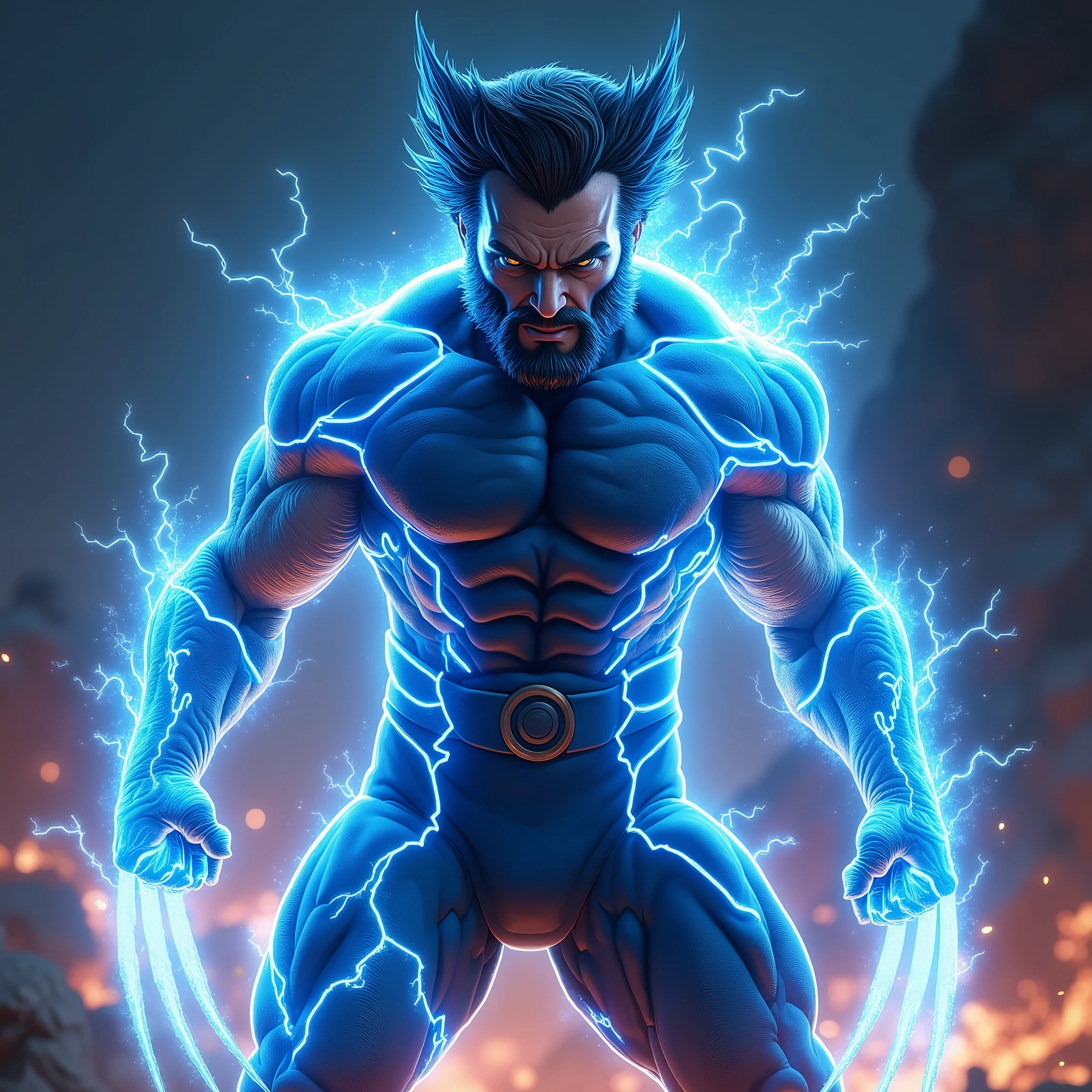 (Fusion of blue flame and blue lightning into Wolverine:1.4), (Wolverine standing with a fierce expression:1.4), (his iconic claws crackling with blue lightning:1.4), (blue flames wrapping around his body:1.3), (dynamic pose with intense energy:1.4), (bright, glowing blue accents on his costume:1.3), (highly detailed muscles and facial features:1.4), (electric blue aura surrounding him:1.3), (background filled with sparks and flames:1.4), (dark and gritty atmosphere:1.3), (sharp contrasts to highlight the blue energy:1.4), (Wolverine's signature intensity captured perfectly:1.3)