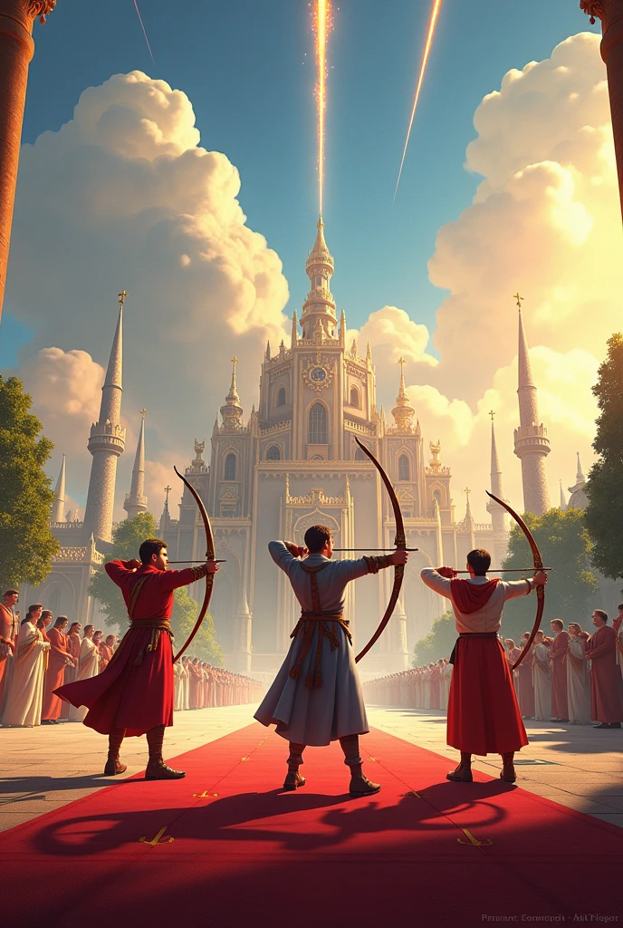 Design an open, majestic setting, such as a large field or royal square, with the palace in the background. Add details such as trees and architecture that reflect the grandeur of the kingdom. - Place the three princes in the center of the image, each holding an arrow and about to release it. Show them in dynamic poses, with expressions of concentration and anticipation. - Highlight the arrows in flight by drawing lines or motion effects that show the trajectory of the arrows rising into the sky. - To add context, visually suggest where each arrow might land. This can be done with markers on the ground or in areas of interest in the background to suggest where the arrows might hit. - Include additional elements, such as spectators in the background watching with interest and festive decorations, to create an atmosphere of ceremony and anticipation. - Use bright, vibrant lighting to highlight the princes and the arrows, and use warm, cheerful colors to reflect the importance and solemnity of the event.