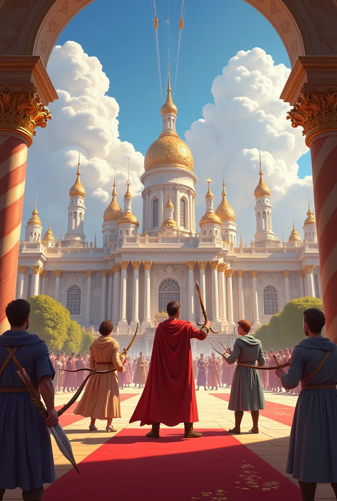 Design an open, majestic setting, such as a large field or royal square, with the palace in the background. Add details such as trees and architecture that reflect the grandeur of the kingdom. - Place the three princes in the center of the image, each holding an arrow and about to release it. Show them in dynamic poses, with expressions of concentration and anticipation. - Highlight the arrows in flight by drawing lines or motion effects that show the trajectory of the arrows rising into the sky. - To add context, visually suggest where each arrow might land. This can be done with markers on the ground or in areas of interest in the background to suggest where the arrows might hit. - Include additional elements, such as spectators in the background watching with interest and festive decorations, to create an atmosphere of ceremony and anticipation. - Use bright, vibrant lighting to highlight the princes and the arrows, and use warm, cheerful colors to reflect the importance and solemnity of the event.