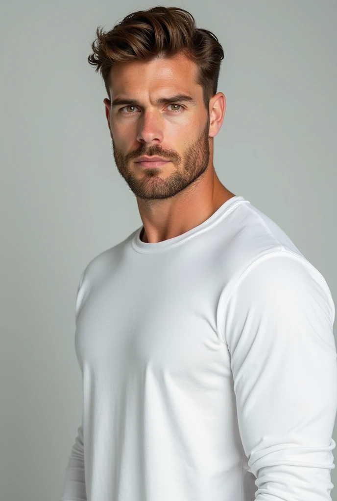 Create the image of a beardless man,with light brown hair and hazel eyes.He has to be strong and he is wearing a white long sleeve t-shirt,You have to have a marked jaw