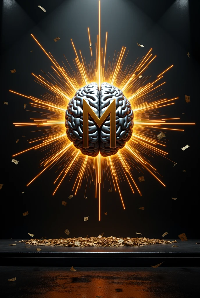 A golden billboard frontal recess with bright rays that is black in background and has an M in the center of the silver-colored brain and that rains money