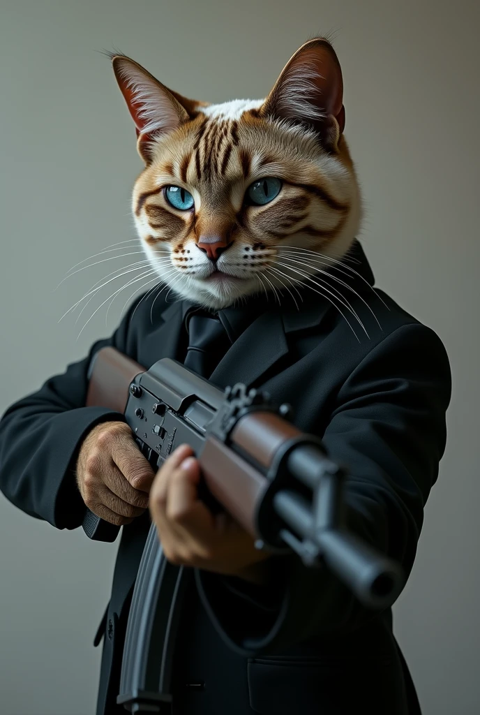 Cat in a black piki blinders suit with blue eyes and an ak47


