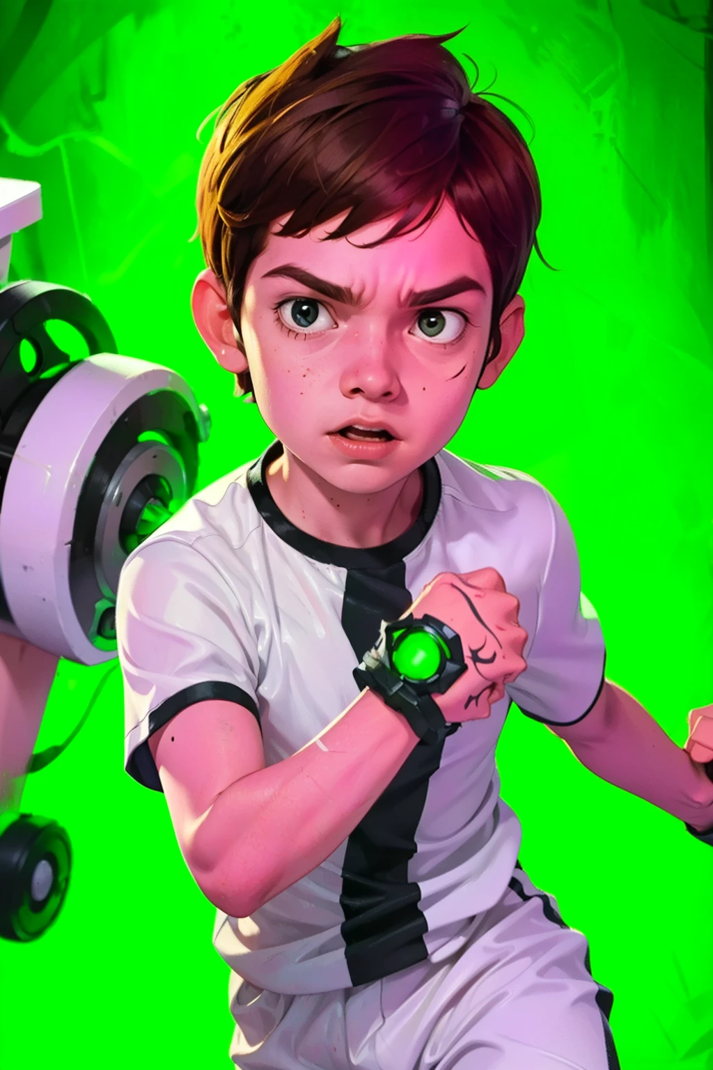 Movie poster, Ben 10 ((A child,  ))), ((wearing a white outfit with black stripe in the center, showing fist. Machine on arm. Action facial expression )) . highy detailed, face detailed, realisitic, cinematic lighting, studio quality, proffesional, face detailed, intrikate, bright coloured. ((abstract background)).