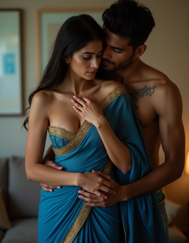 ultra realistic, 4k, UHD, cinematic photo, indian wife and young man having an erotic romantic sex, in the morning, at home, man behind woman, woman wearing blue sari, sari falls off shoulder, boobs and nipple seen, man hugging from behind, man's finger on her nipple, nsfw, detailed home