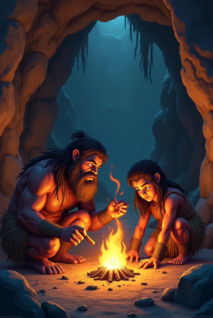 Stone age animated, darked skin and they making fire in the cave illustration