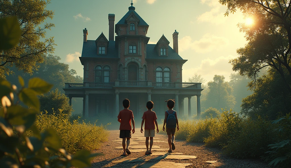 Children Approaching the Mansion
Visual:
- Close-up of Sunita, Ravi, and Monu as they exchange determined looks.
- The walking along a gravel path leading to the mansion.
- The mansion’s exterior, showing cracked walls and overgrown vegetation.
- Shadows growing longer as the sun begins to set.
Genrate a High quality realistic 3D animation style
