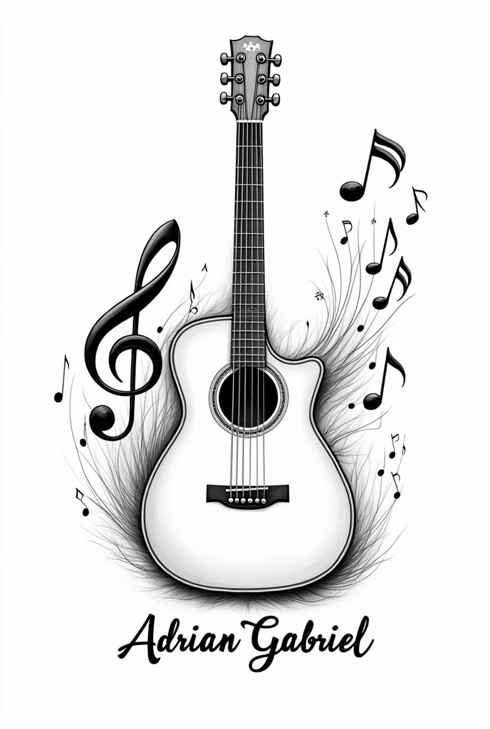 Black and white drawing of an acoustic guitar, with many musical notes around and the name Adrian Gabriel
