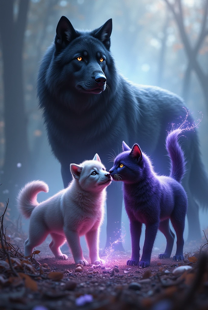 Imagine a black wolf and a shadow spirit pink and grey puppy with short hair and a shadow spirit purple and black cat with long hair