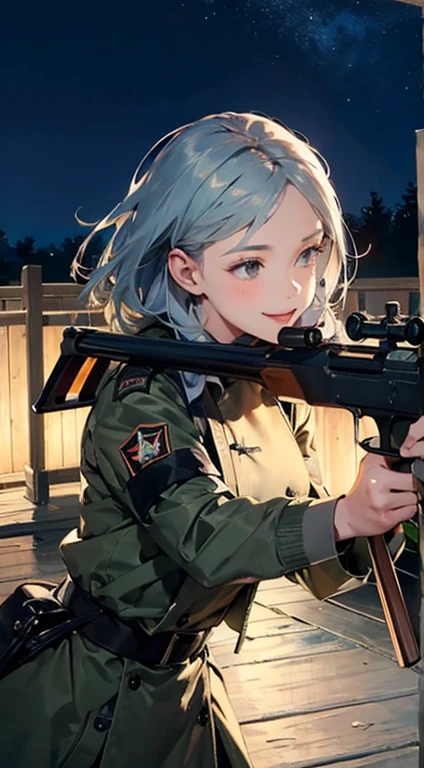 (masterpiece : 1.4), best quality.
Future World,A perfect example of artificial intelligence,5143 and later, 8k, Very detailed , perfection,Ultra detailed face,1 girl,eight-headed body,Silky light blue hair,Bit Girl,A device with an optical rifle in both hands,Futuristic Background,During night combat,Rifle shooting scene,smile,Dress Type,wear a khaki military jacket,Troop jacket with Japan flag patches、matrix、Bladenanner
AddXL