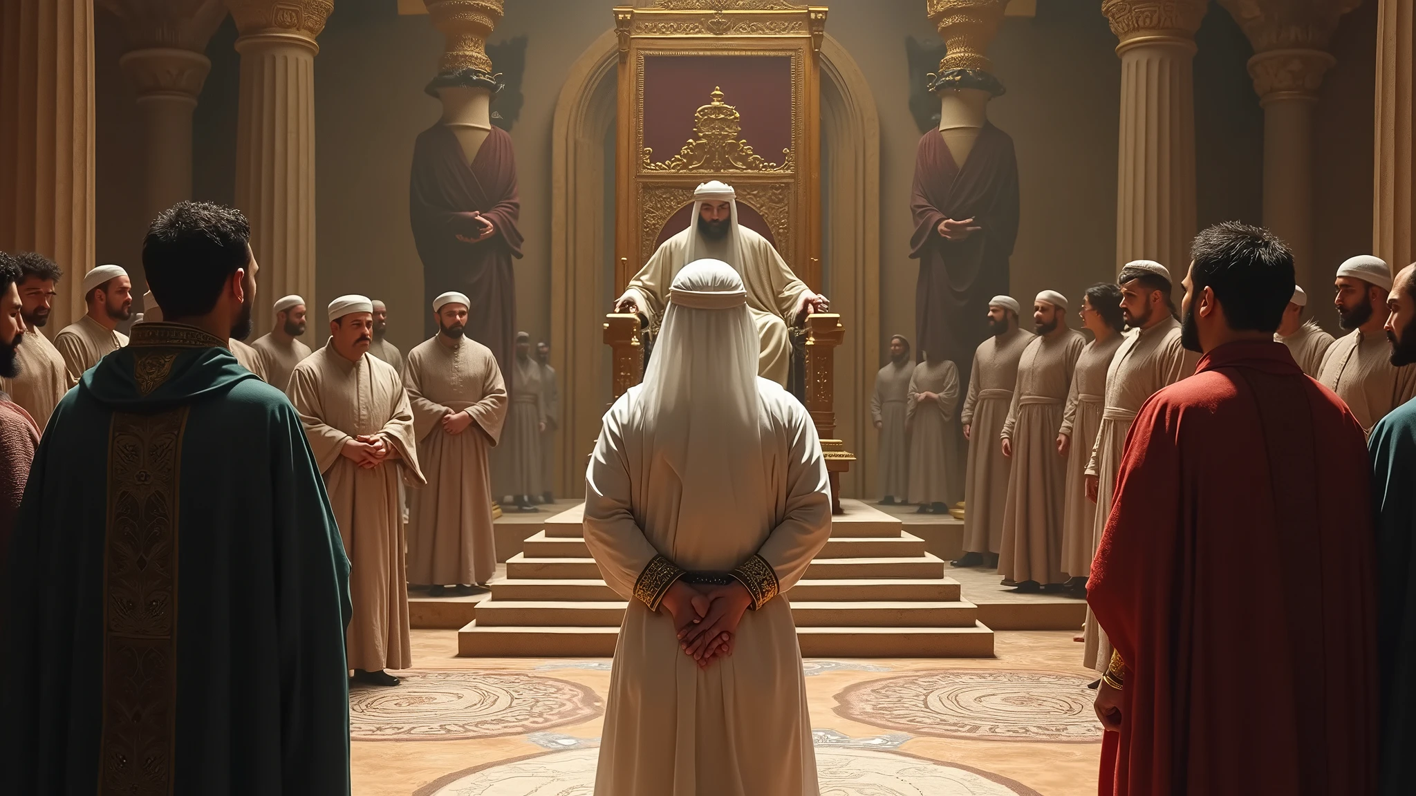 depicting a Muslim leader, robed in white, standing calmly in chains before a stern-looking king seated on a high throne. The room is filled with onlookers, including guards and scholars, all watching intently. The leader’s expression is one of quiet dignity, and his hands are clasped in a sign of peace.