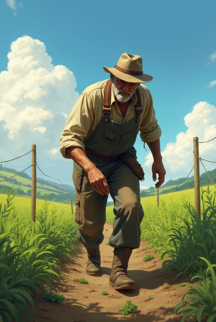 .farmer walking picking up something