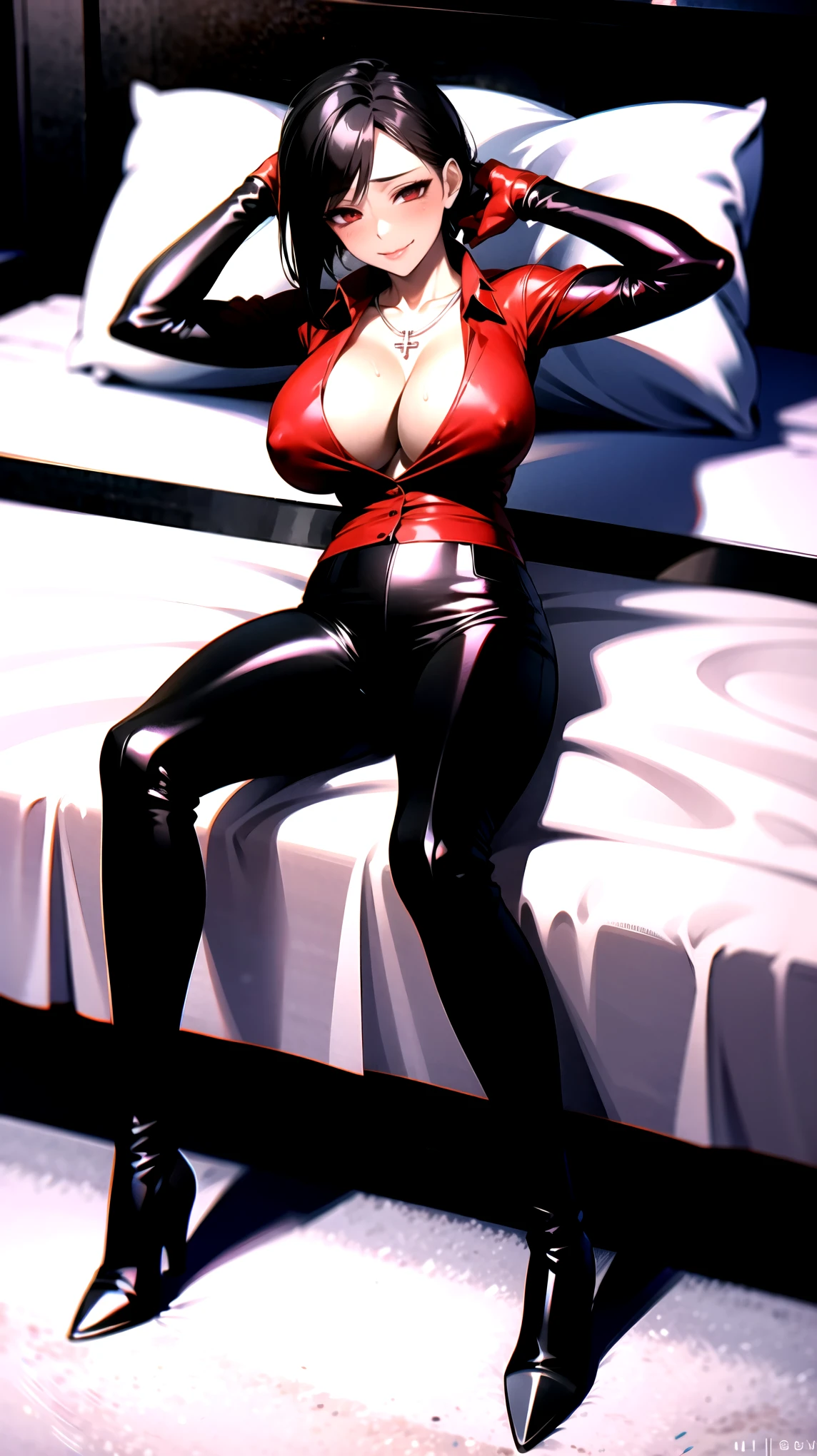 ((super high quality,))((Ultra-high resolution,))(16K,)(super masterpiece,)((Ultra HD ,))(Detailed shading,)Full body photo,One sexy mature woman,((Red collared shirt,popped Tight collar,))Folded sleeves,Black long gloves,(Glossy black pants, Black long boots,)Black hair straight short,Sharp Eyes,blush,Sexy smile,Cleavage,Cross Necklace,((Lying in bed,))Put your hands on your head,Sweaty,Spread your legs wide,